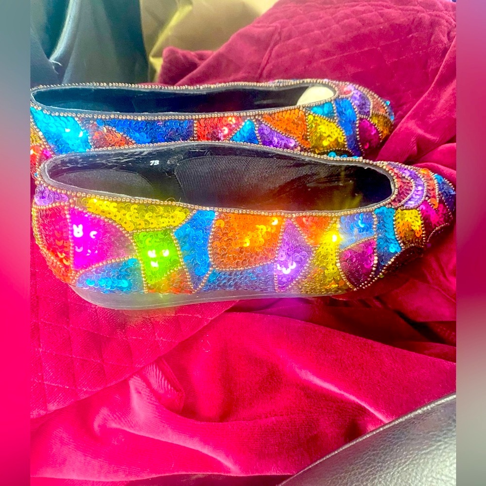 Caparros Vibrant Sequin Flats in Color Block Design, Size 7